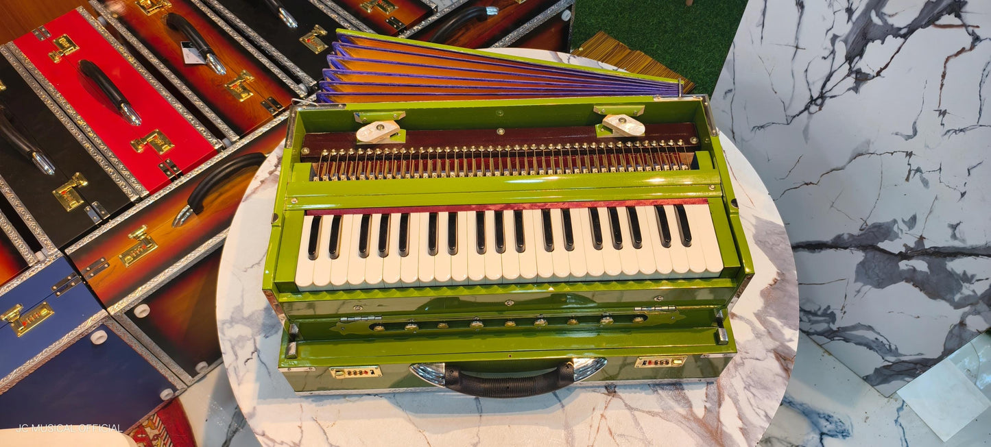 2LINE PROFESSIONAL HARMONIUM| Full season teakwood body/ Bass male 42reeds / GREEN glossy finish