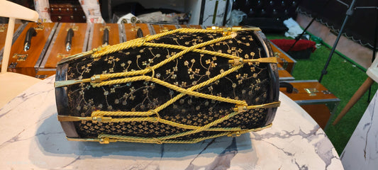 Sheesham Wood professional Dholak: Black Velvet Jari Design, Nut Bolt Tuning