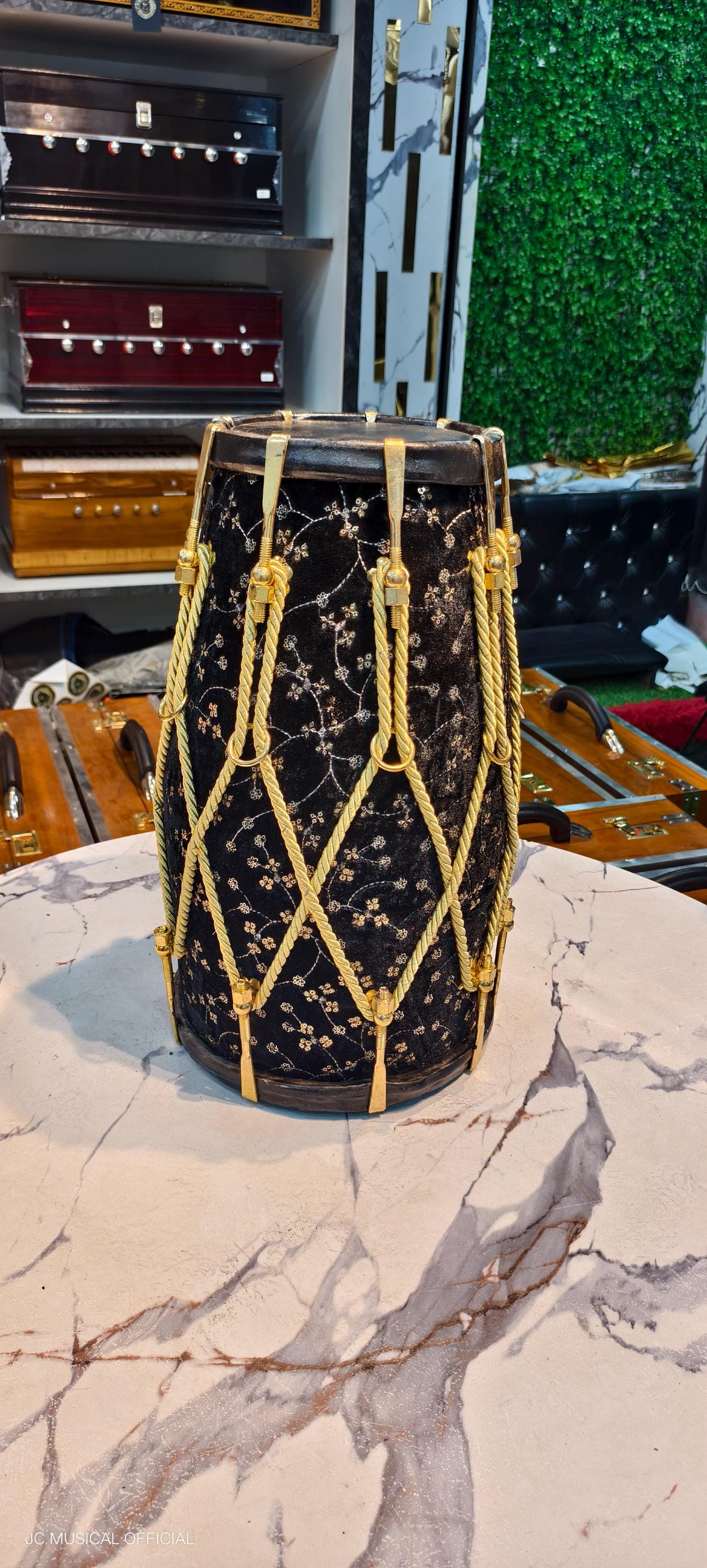 Sheesham Wood professional Dholak: Black Velvet Jari Design, Nut Bolt Tuning
