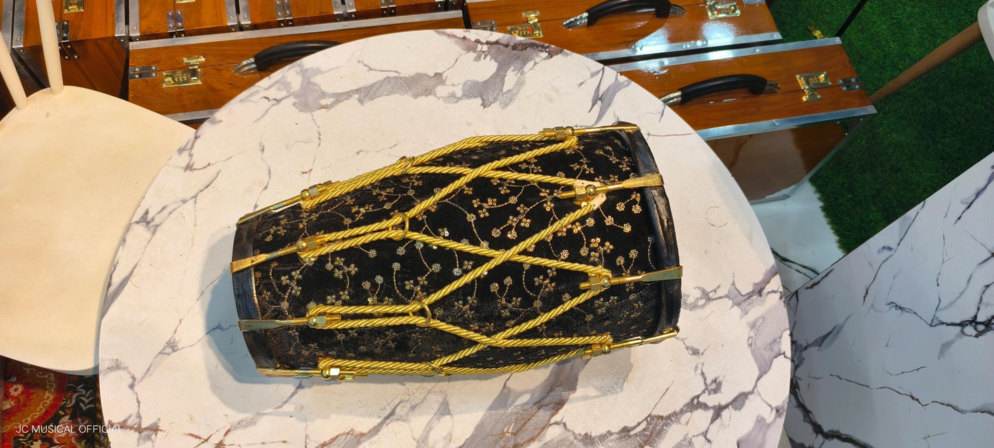 Sheesham Wood professional Dholak: Black Velvet Jari Design, Nut Bolt Tuning