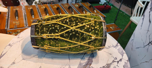 Sheesham Wood professional Dholak: Green Velvet design jari work, Nut Bolt Tuning