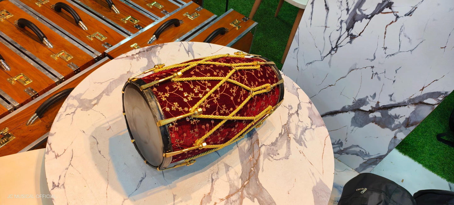 Sheesham Wood professional Dholak: Maroon Velvet jari work design, nut bolt tuning system