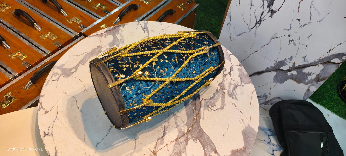 Sheesham Wood professional Dholak: Sky Blue Velvet jari work,nut bolt tuning system