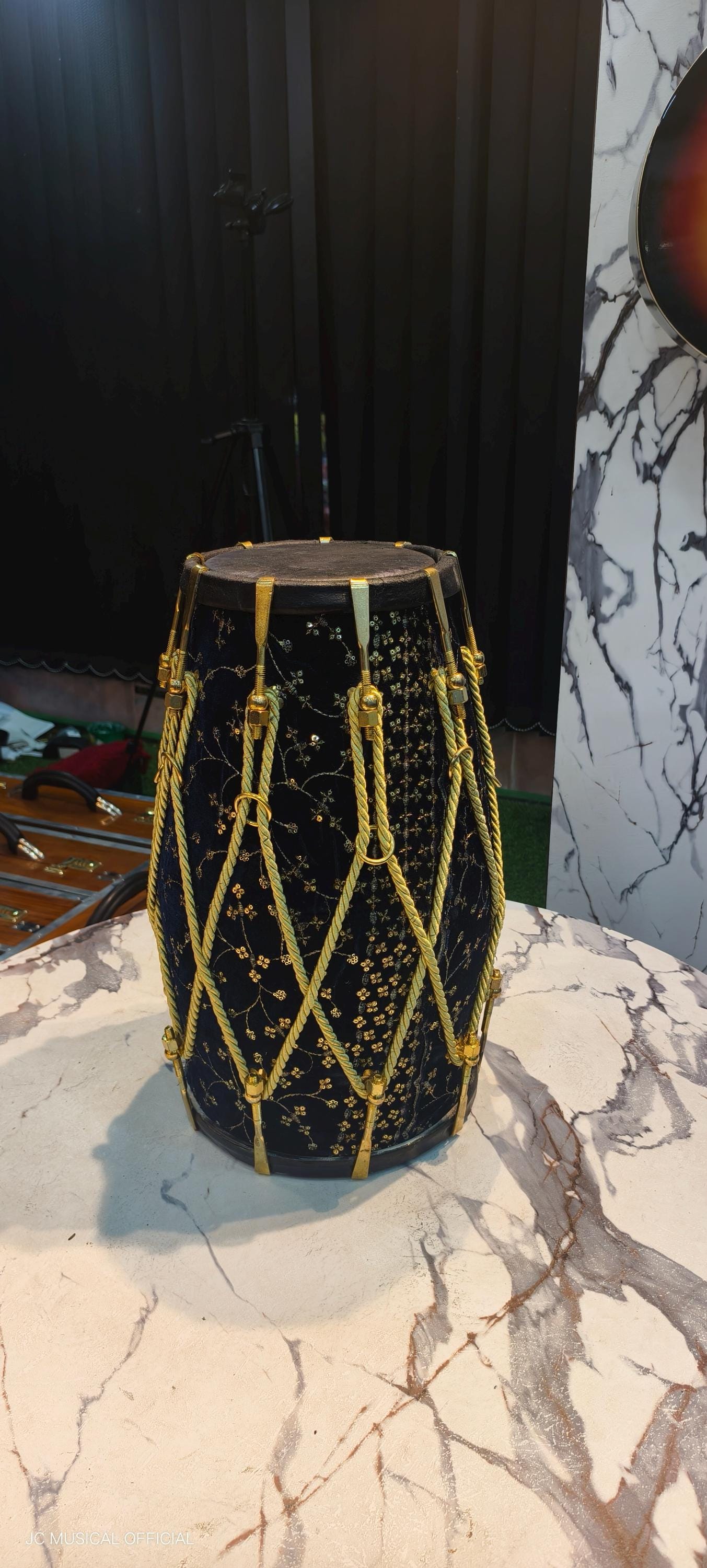 Sheesham Wood professional Dholak: Navy Blue Velvet jari work. nut bolt tuning system