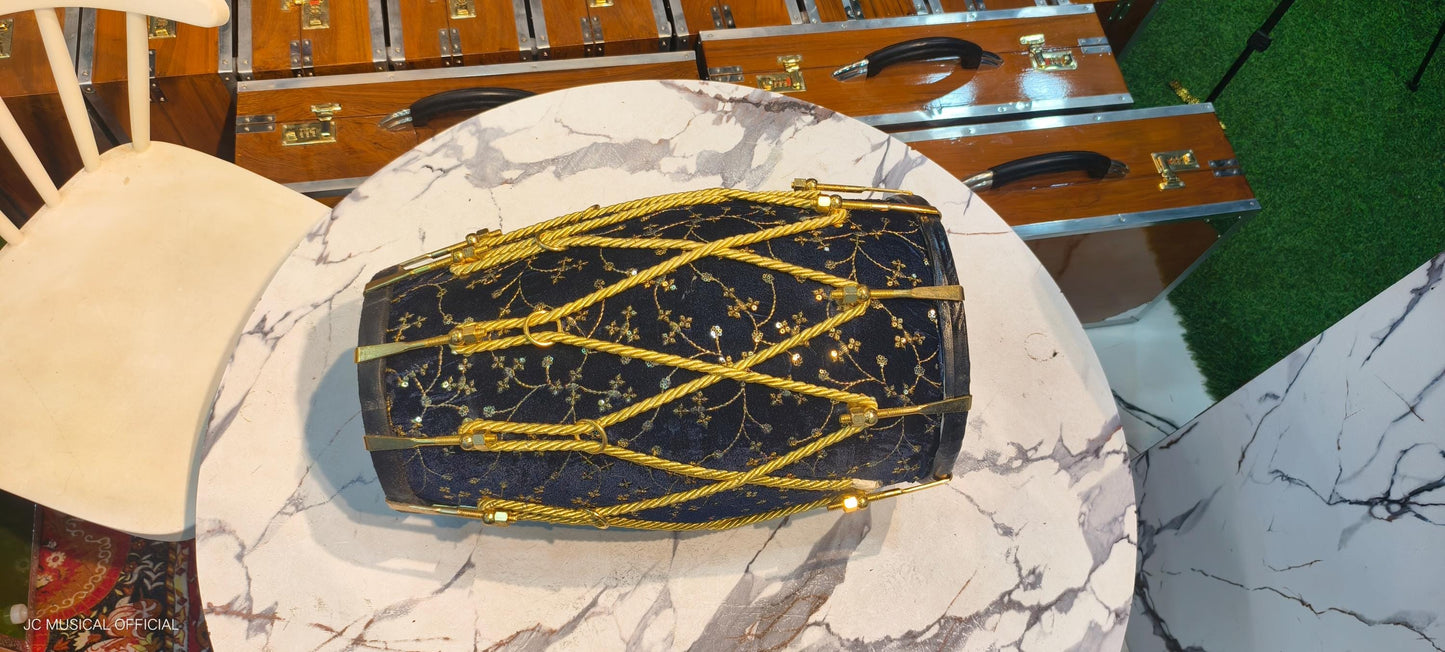 Sheesham Wood professional Dholak: Navy Blue Velvet jari work. nut bolt tuning system