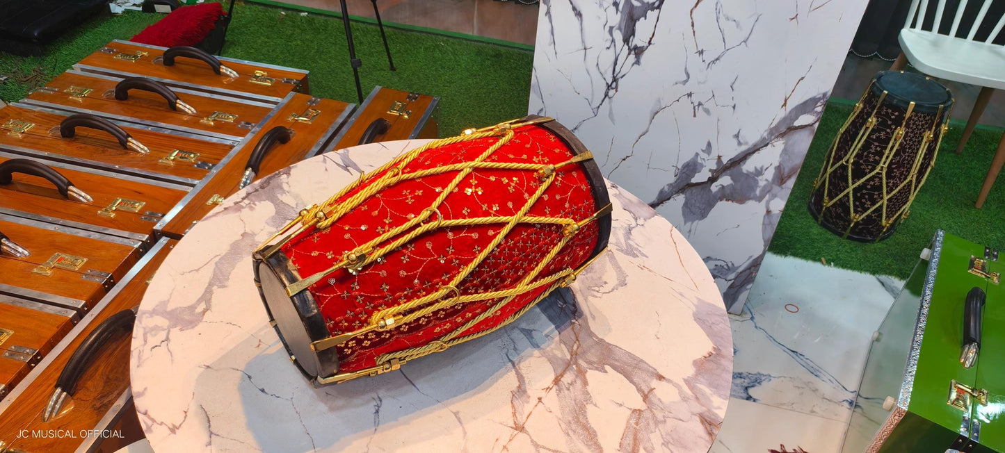 Sheesham Wood professional Dholak: Red Velvet jari work,Nut bolt tuning system