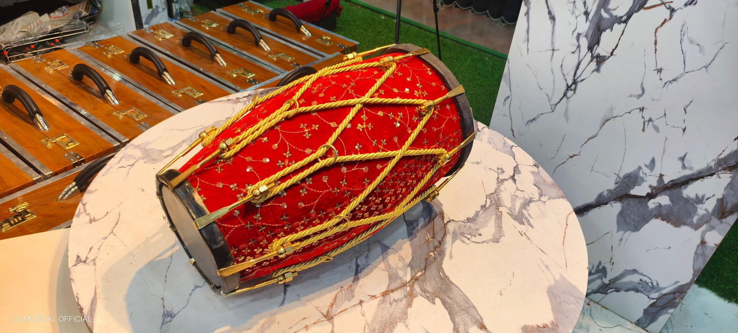 Sheesham Wood professional Dholak: Red Velvet jari work,Nut bolt tuning system