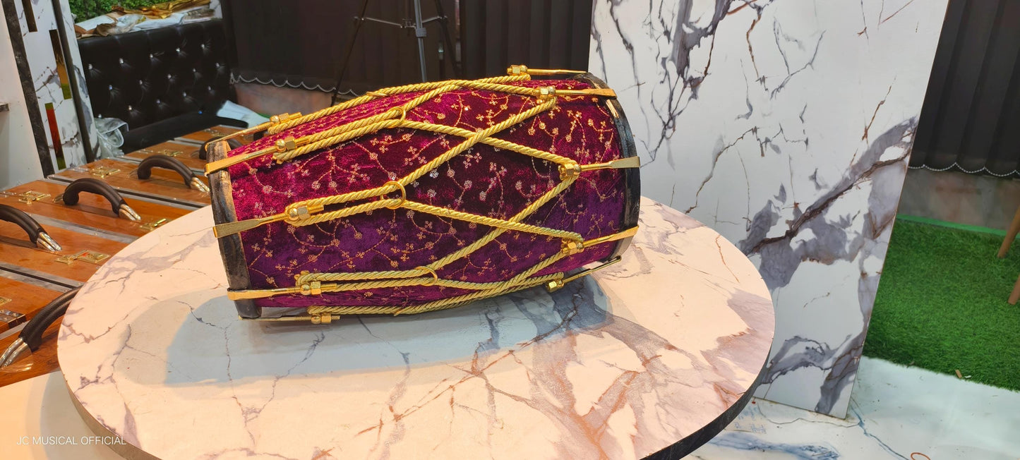 Purple Velvet Sheesham Wood professional Dholak,nut bolt tuning system