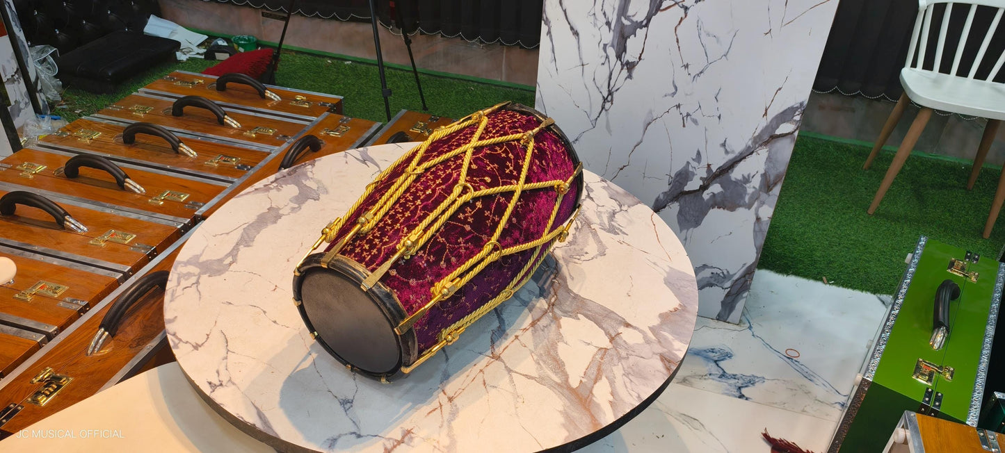 Purple Velvet Sheesham Wood professional Dholak,nut bolt tuning system