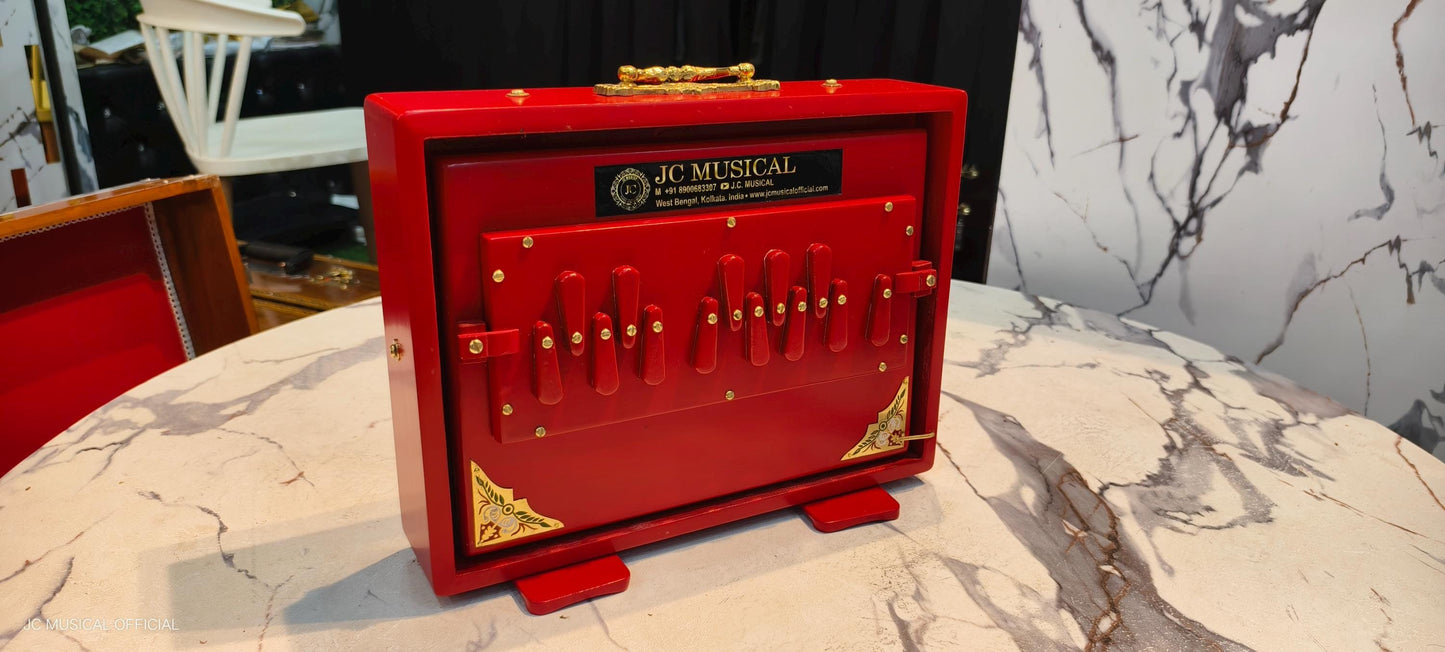 SHRUTI BOX/ one octeve small size 9×12inch /red mat with gold finish/lower octeve notes C4-C5