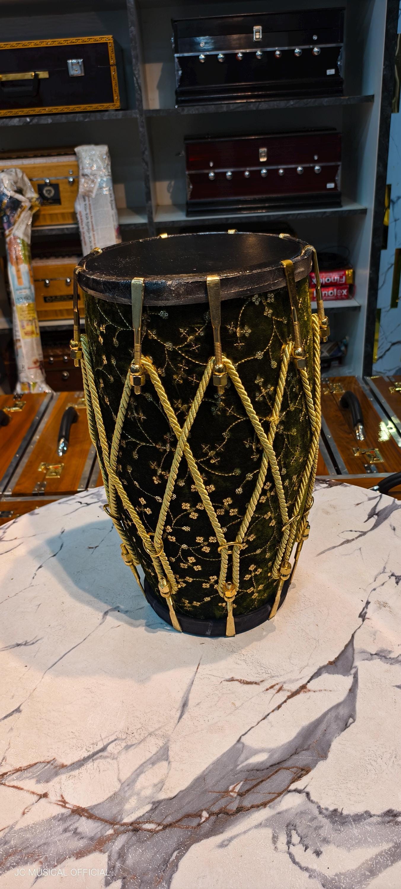 Sheesham Wood professional Dholak: Black Velvet Jari Design, Nut Bolt Tuning