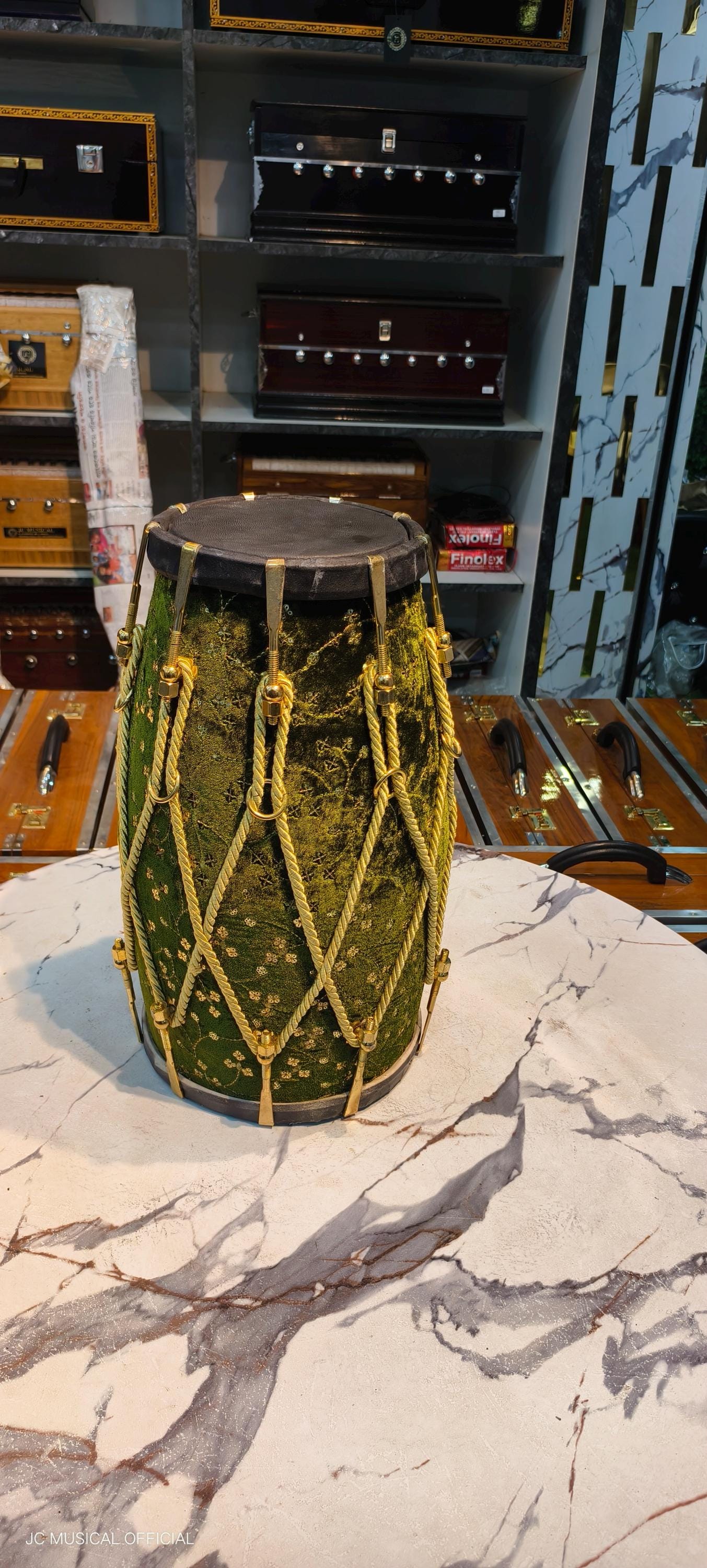 Sheesham Wood professional Dholak: Green Velvet design jari work, Nut Bolt Tuning