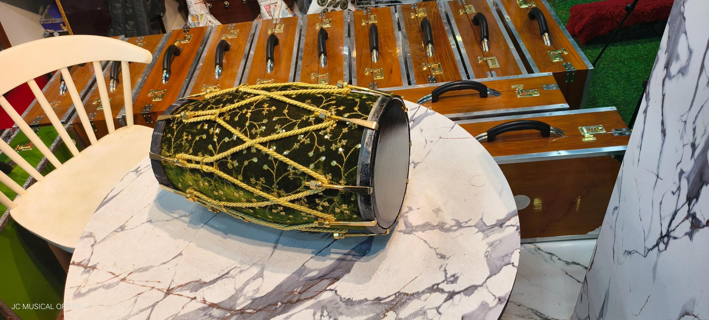 Sheesham Wood professional Dholak: Green Velvet design jari work, Nut Bolt Tuning
