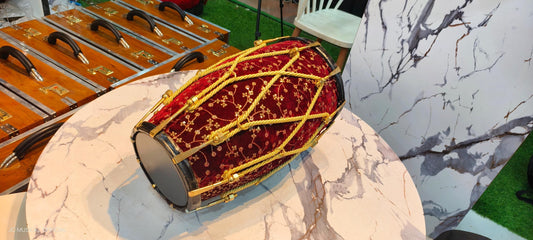 Sheesham Wood professional Dholak: Maroon Velvet jari work design, nut bolt tuning system