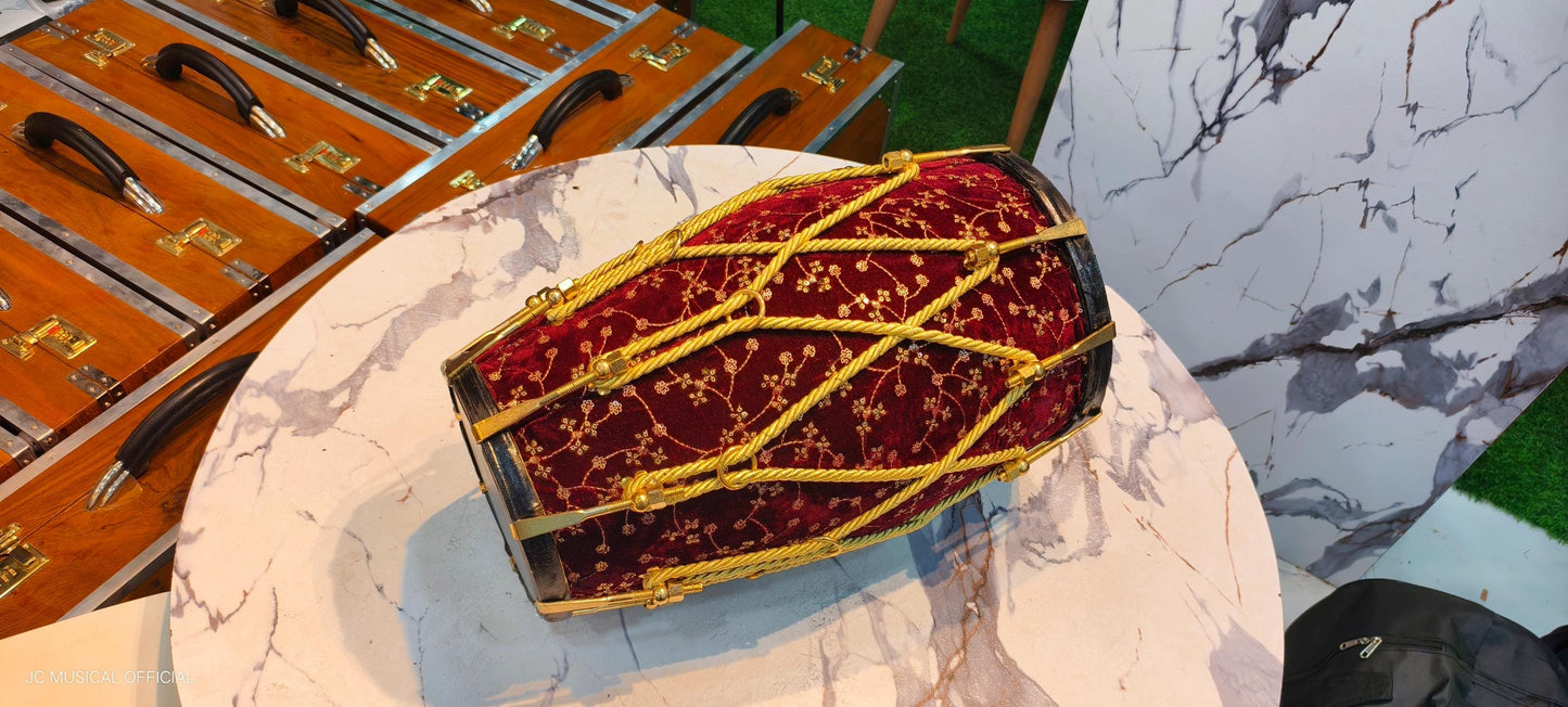 Sheesham Wood professional Dholak: Maroon Velvet jari work design, nut bolt tuning system