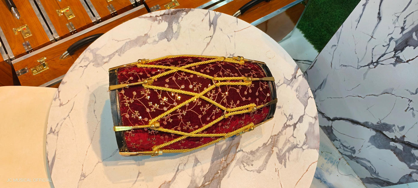 Sheesham Wood professional Dholak: Maroon Velvet jari work design, nut bolt tuning system