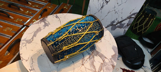 Sheesham Wood professional Dholak: Sky Blue Velvet jari work,nut bolt tuning system