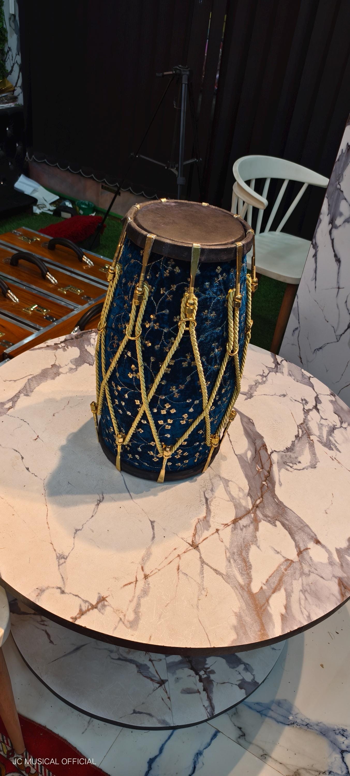 Sheesham Wood professional Dholak: Sky Blue Velvet jari work,nut bolt tuning system