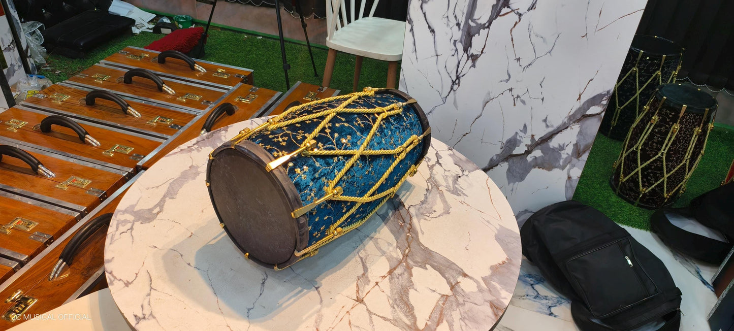 Sheesham Wood professional Dholak: Sky Blue Velvet jari work,nut bolt tuning system