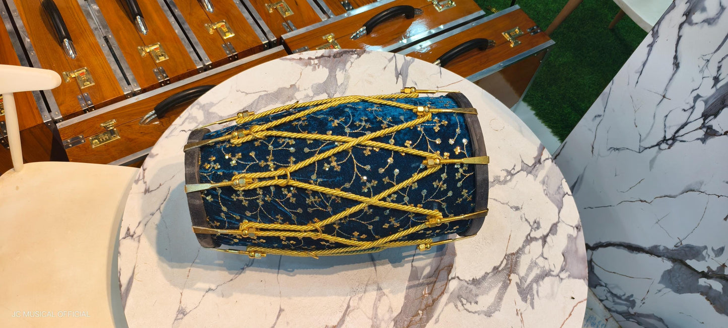 Sheesham Wood professional Dholak: Sky Blue Velvet jari work,nut bolt tuning system