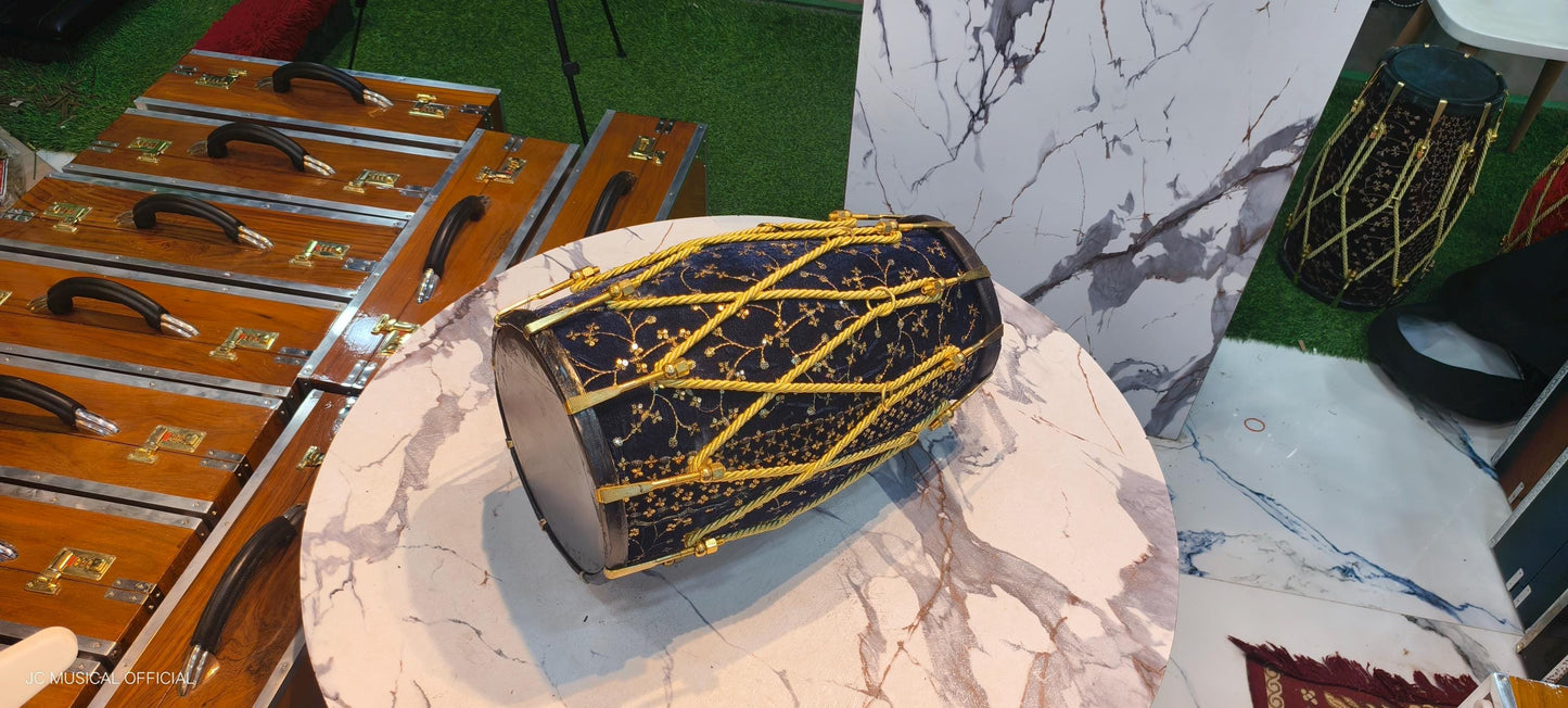 Sheesham Wood professional Dholak: Navy Blue Velvet jari work. nut bolt tuning system