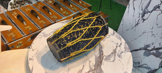 Sheesham Wood professional Dholak: Navy Blue Velvet jari work. nut bolt tuning system