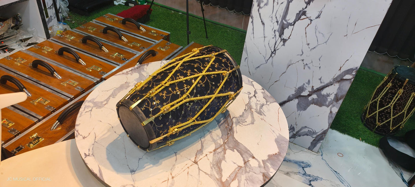 Sheesham Wood professional Dholak: Navy Blue Velvet jari work. nut bolt tuning system