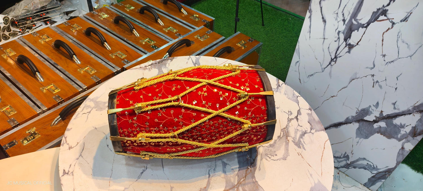 Sheesham Wood professional Dholak: Red Velvet jari work,Nut bolt tuning system