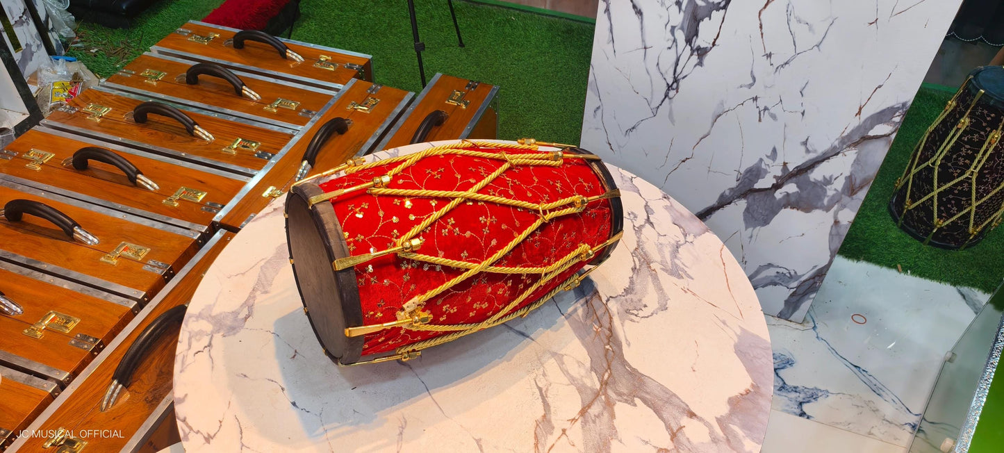 Sheesham Wood professional Dholak: Red Velvet jari work,Nut bolt tuning system