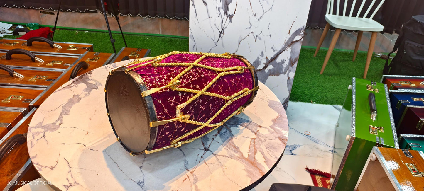 Purple Velvet Sheesham Wood professional Dholak,nut bolt tuning system