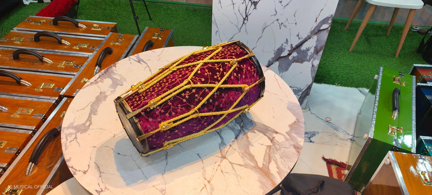 Purple Velvet Sheesham Wood professional Dholak,nut bolt tuning system