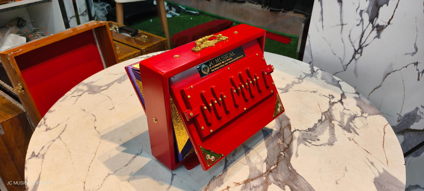 SHRUTI BOX/ one octeve small size 9×12inch /red mat with gold finish/lower octeve notes C4-C5